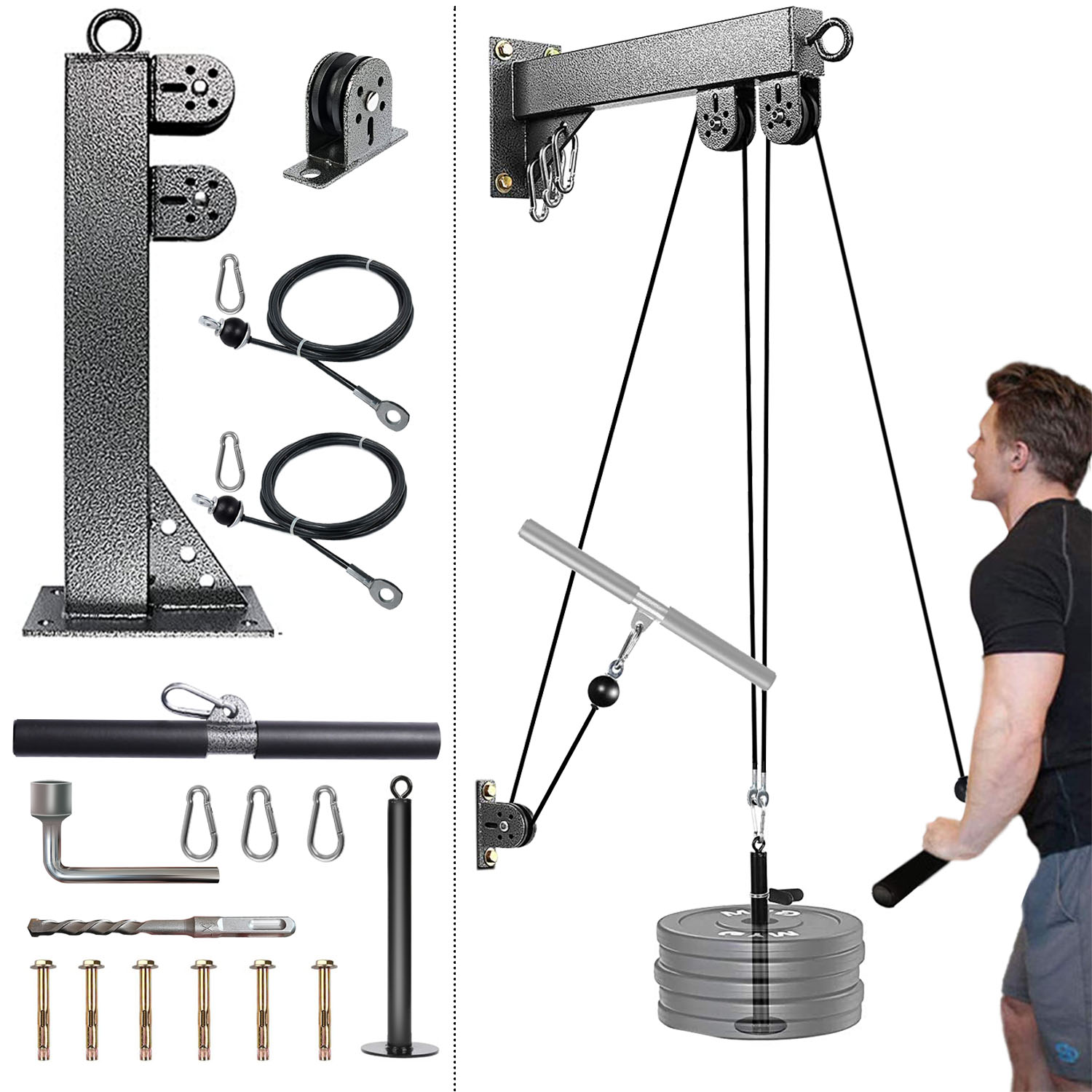 Home Gym Lat Pulldown - Fitness Wall Mounted Pulley System, Weight